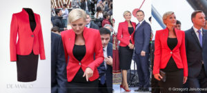 Pierwsza Dama RP Agata Duda w czerwonym żakiecie Venus i czarnej spódnicy firmy De Marco.