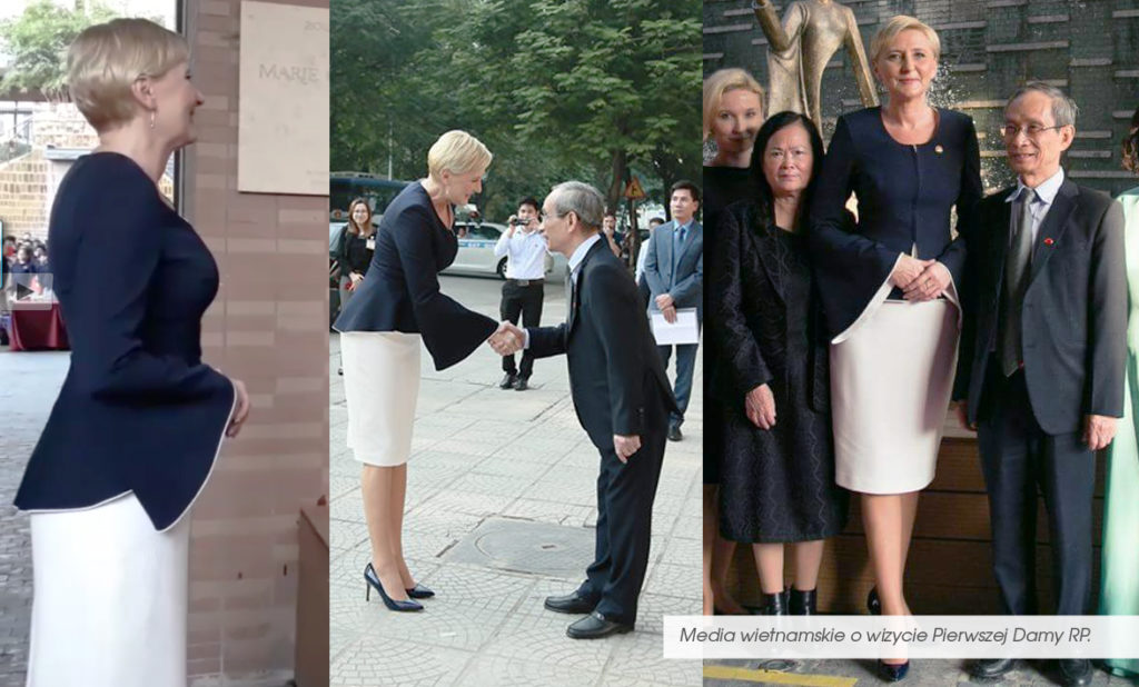 Pierwsza Dama Polski w Hanoi. Agata Duda wystąpiła w grsonce polskiej projektantki mody. Królewski kostium z De Marco.