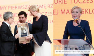 Granatowo śmietanowy kostiumy damskie ze spódnicą idealny na uroczystości rodzinne i firmowe. Profesjonalna odzież dyplomatyczna. Pierwsza Dama Agata Duda w garsonce od projektantki Władysławy Frączek.