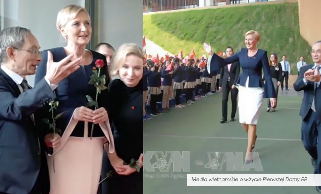 Agata Duda w biało granatowej garsonce z De Marco. komplet szty na miarę.