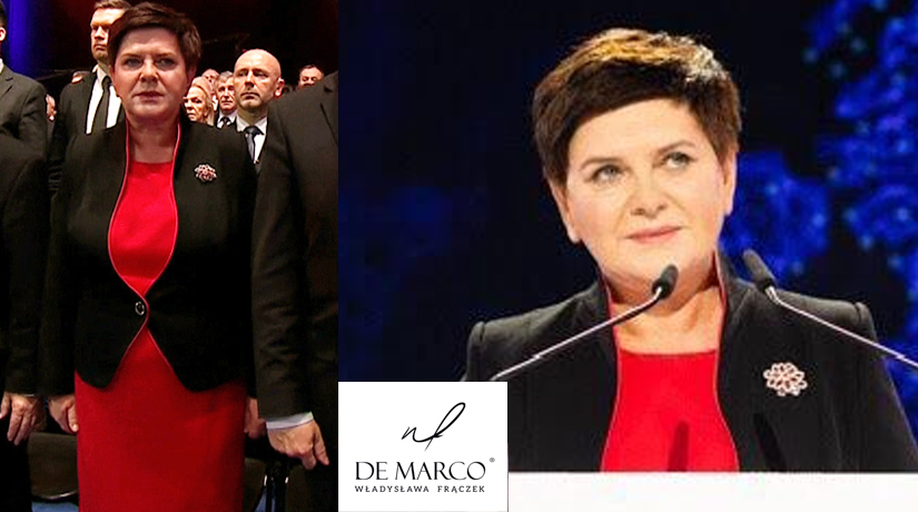 sukienka biznesowa, wizytowa z żakietem z De Marco. Beata szydło w komplecie od Władysławy Frączek z Frydrychowic k.Wadowic