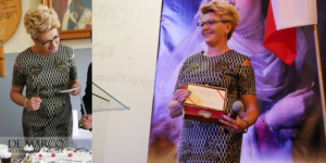 Grażyna Goździewicz w żakardowej sukience z De Marco.