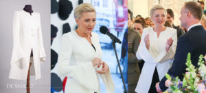 Płaszcze do sukienki na komunię dla mamy, na weselę, na delegację. Agata Duda w białym płaszczu z De Marco