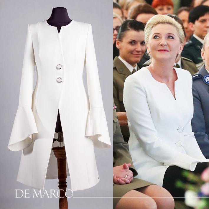Elegancka Pierwsza Dama w białym płaszczu De Marco z Frydrychowic.