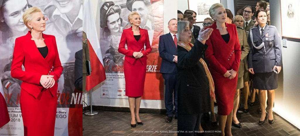 Gdzie ubiera się Pierwsza Dama? Czerwony elegancki kostium wizytowy Agaty Dudy od projektantki z Frydrychowic.