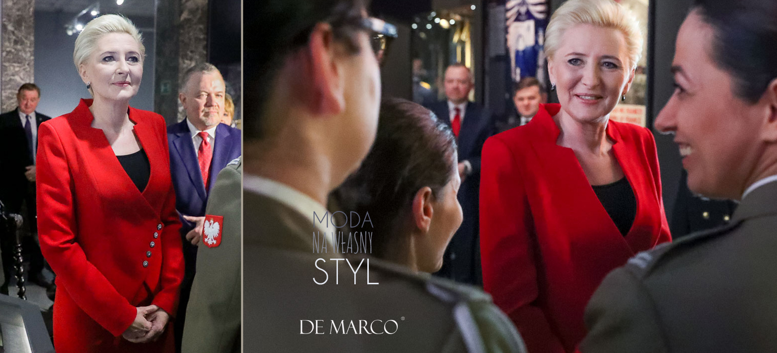 Czerwona garsonk Prezydentowej to ekskluzywny żakiet Miriam i spódnica ołówkowa.
