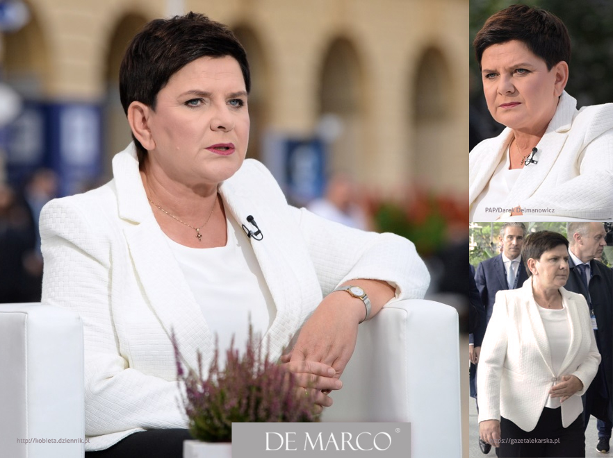 Wice Premier Beata Szydło w Kostiumie wizytowym z De Marco. Projektantka i stylistka Władysława Frączek.