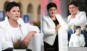 Wice Premier Beata Szydło w Kostiumie wizytowym z De Marco. Projektantka i stylistka Władysława Frączek.
