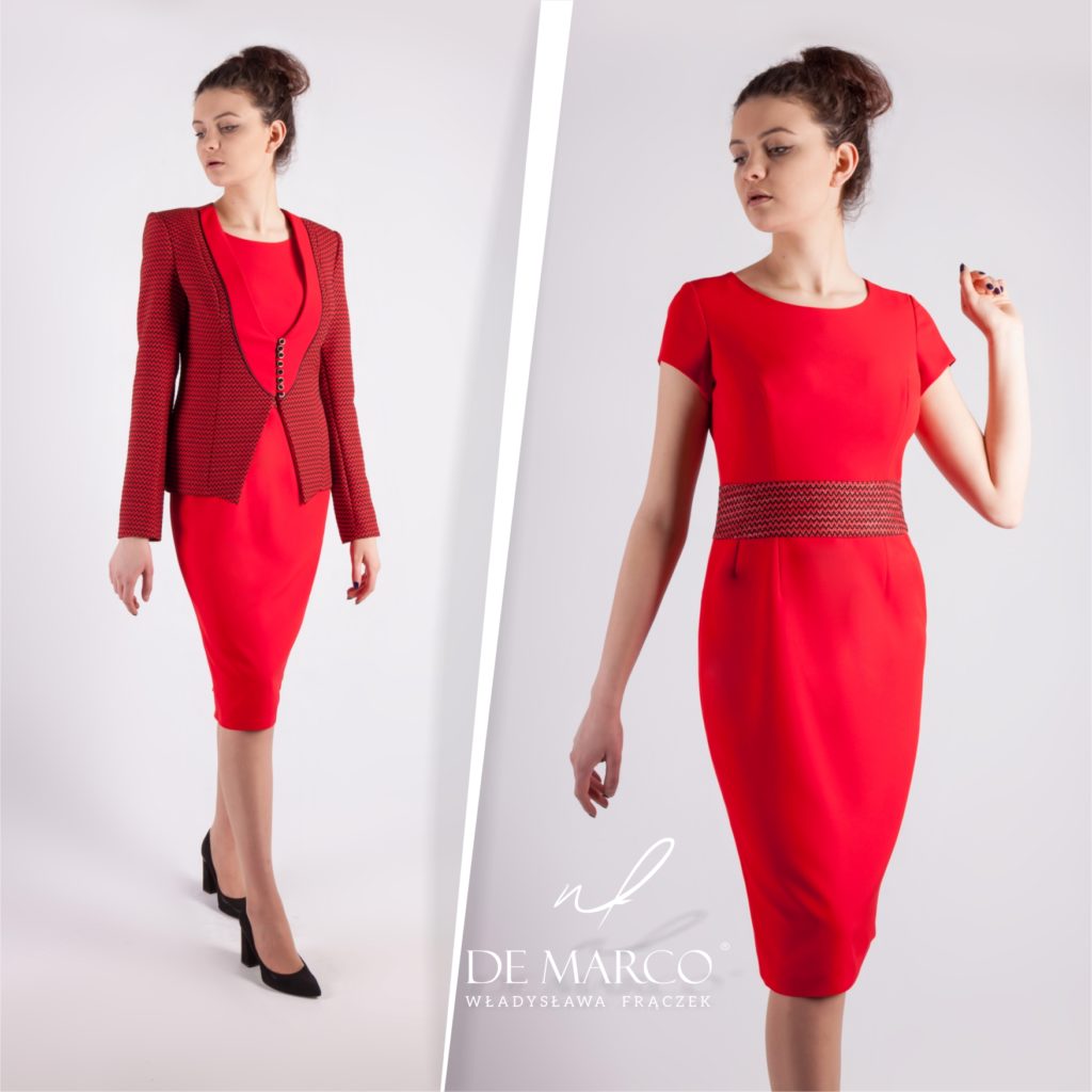 Wizytowy kostium damski szyty na miarę u projektantki mody z De Marco. Komplet żakiet z ołówkową sukienką midi.