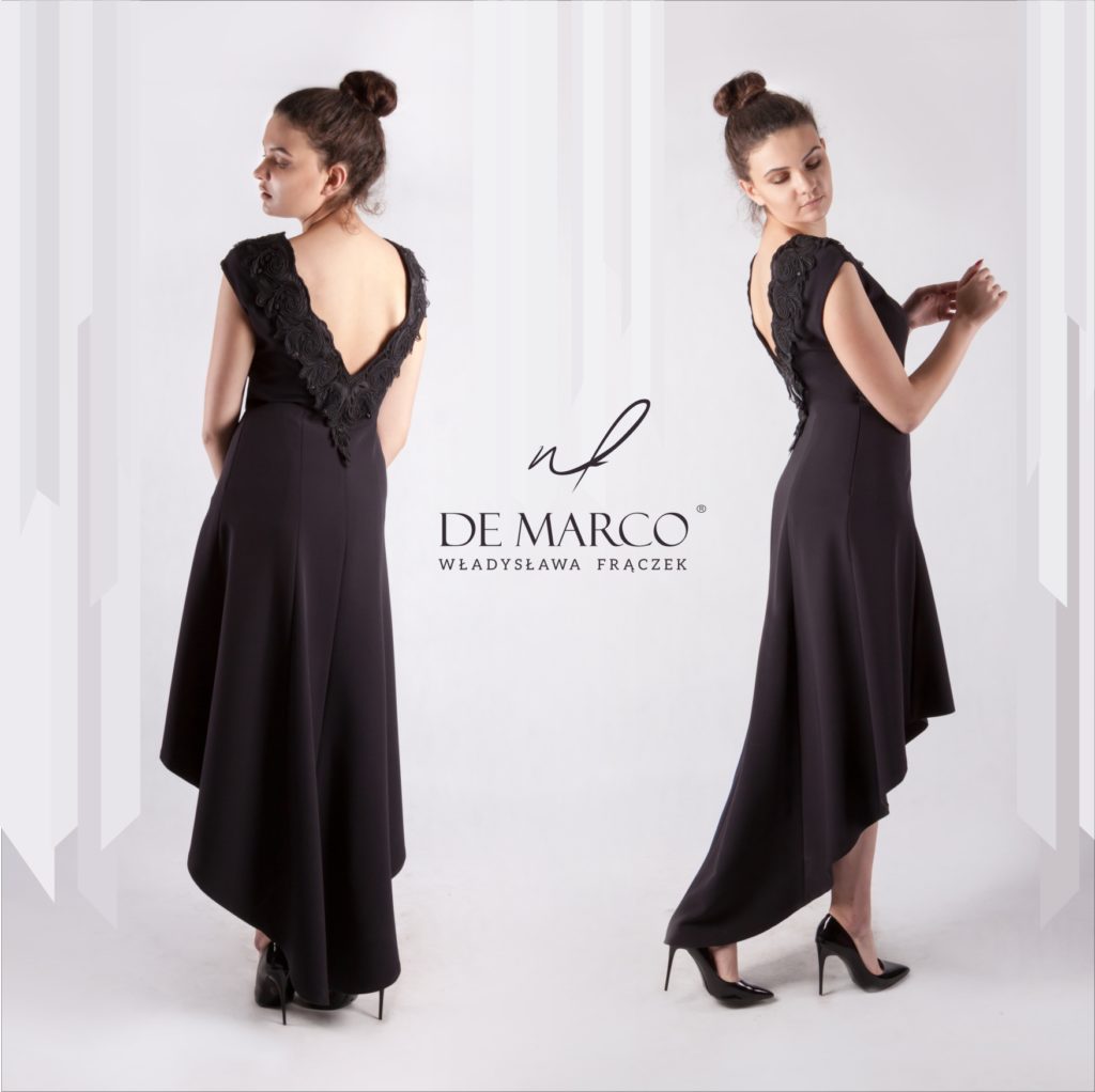 Asymetryczna suknia szyta na miarę w De Marco. Sklep internetowy projektantki mody. 