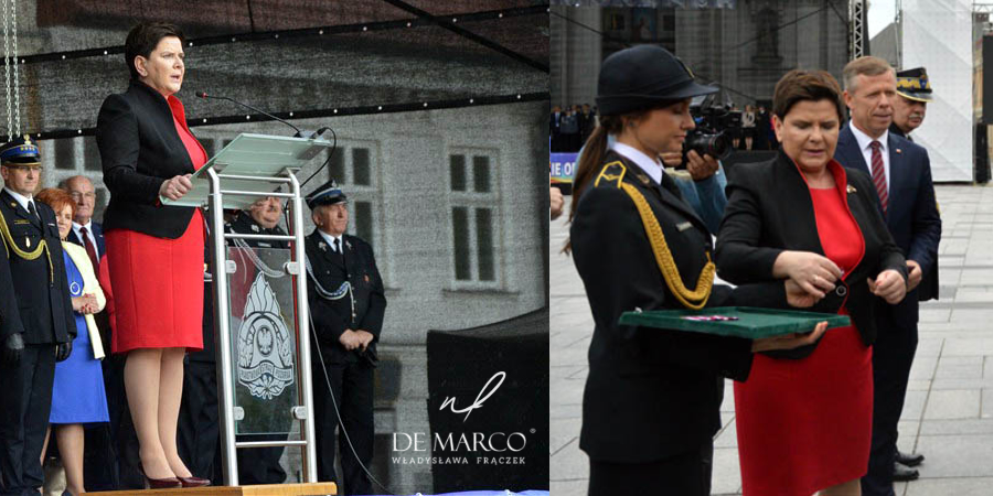 Beata Szydło premier polski w kostiumie damskim z De Marco. Wizyta w Wadowicach