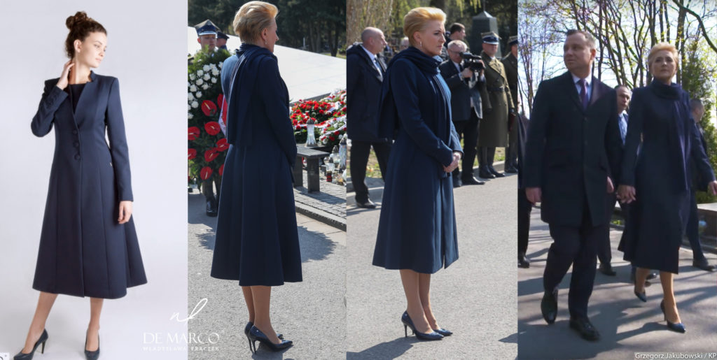 Elegancki płaszcz do połowy łydki szyty na miarę w Atelier W. Frączek. Agat Duda między innymi ubiera się w Salonie Mody De Marco we Frydrychowicach.