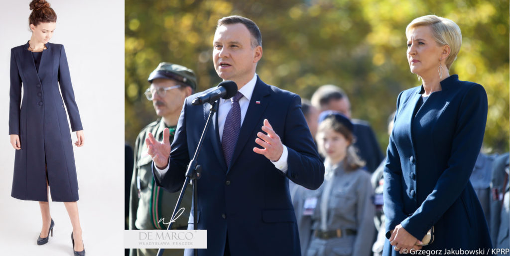 Płaszcz do sukienki w stylu Agaty Dudy. Sklep projektantki W. Frączek z De Marco.