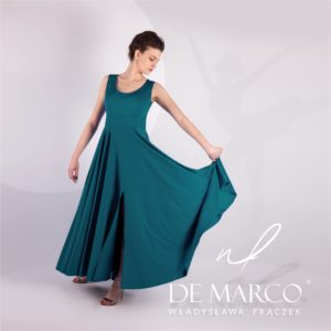 Długa zielona suknia szyta na miarę w De Marco