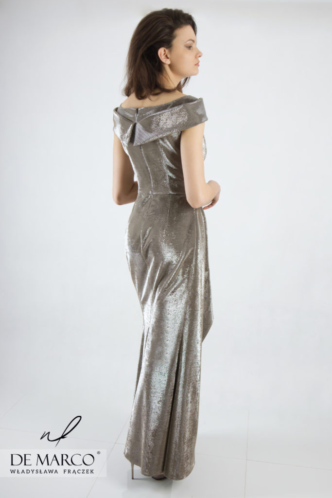Długa suknia balowa dla mamy wesela, szycie na miarę u projektantki z Małopolski.