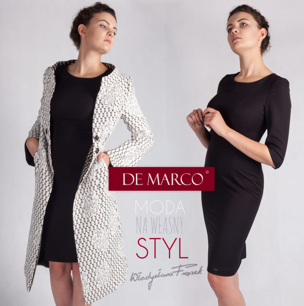 Biznesowa czarna sukienka z płaszczem z De Marco