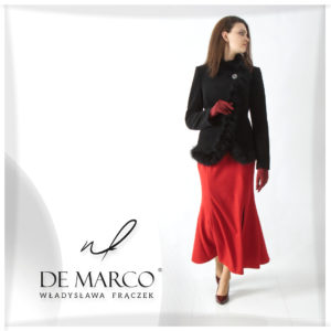 Elegancki zimowy kostium damski, ciepły żakiet z długą spódnicą De Marco.
