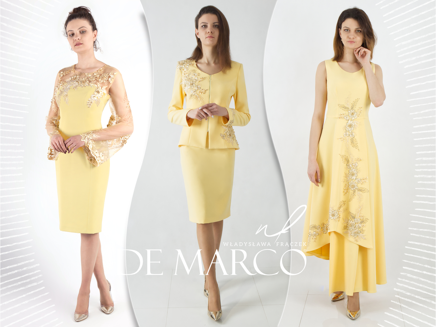 Eleganckie żółte sukienki, garsonki i kostiumy na wesele 2023 od De Marco