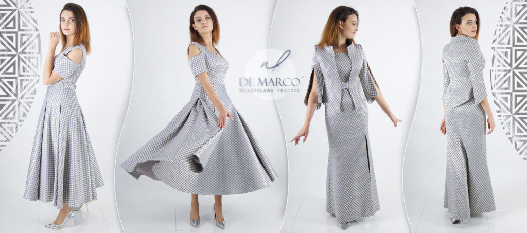Ekskluzywne suknie dla matki weselnej, garsonki i kostiumy damie De Marco.