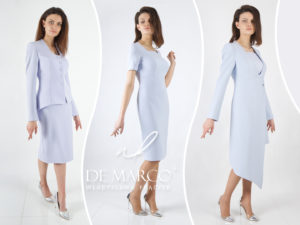 Najnowsza kolekcja projektantki De Marco - ekskluzywne polskie ubrania damskie. Wizytowe sukienki z płaszczami, garsonki i kostiumy damskie w błękitnym kolorze