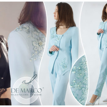 Modisches blaues Hochzeitsstyling für Mum. Elegante Anzüge, Kleider und Gelegenheitsanzüge in Blau