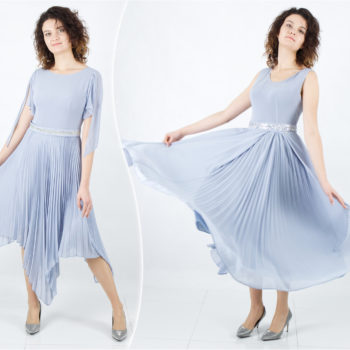 Modische Plisseekleider für eine Hochzeit im Sommer. Auffällige Hochzeitskreationen in Babyblau