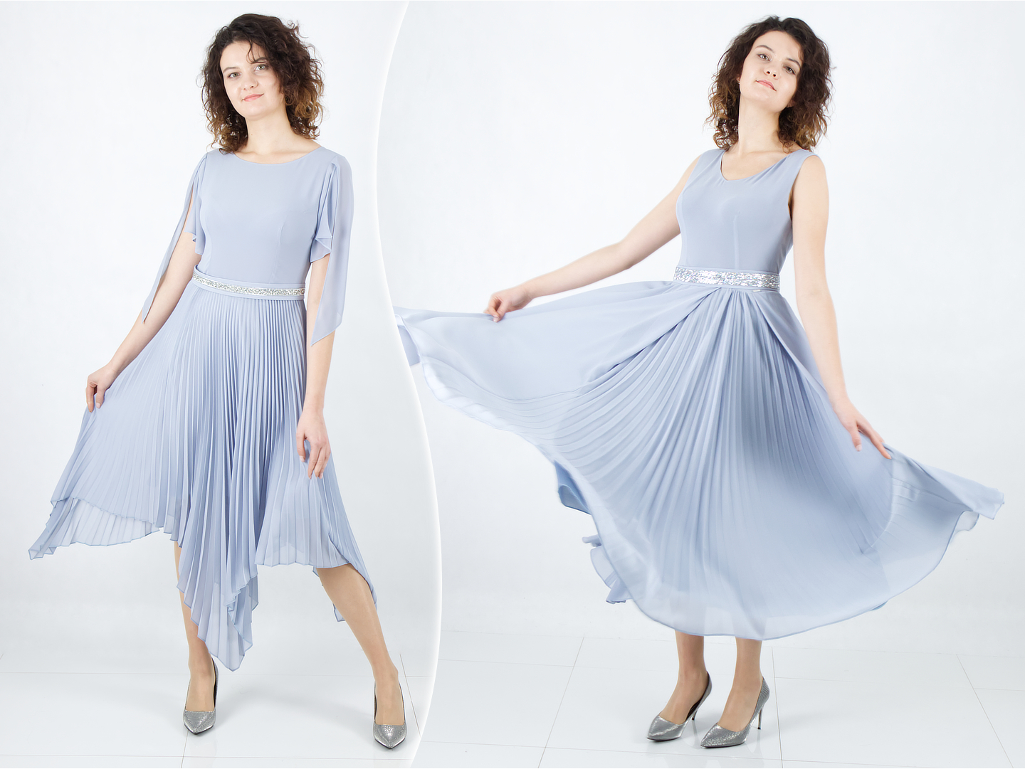 Fashionable pleated dresses for a wedding in summer. Striking wedding creations in baby blue