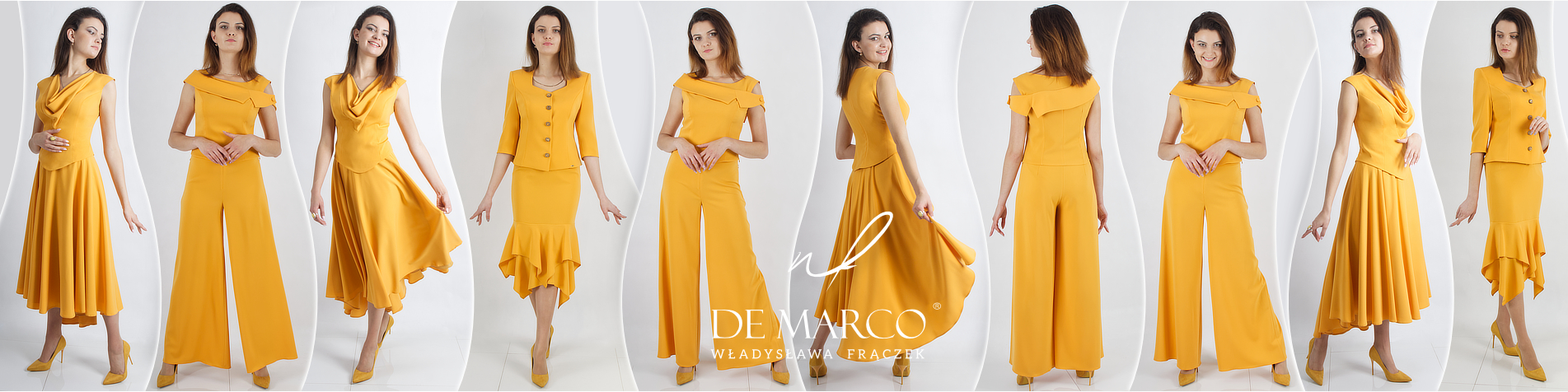 Mustard women’s ensembles with trousers or skirt for wedding