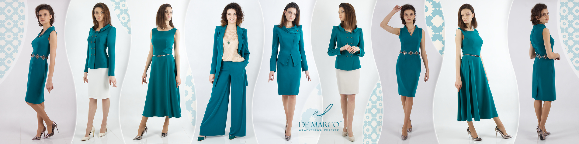 Eleganckie stylizacje biznesowe i dyplomatyczne dla kobiet. Szycie na miarę De Marco. Garsonki, kostiumy i garnitury damskie w zielonym modnym kolorze