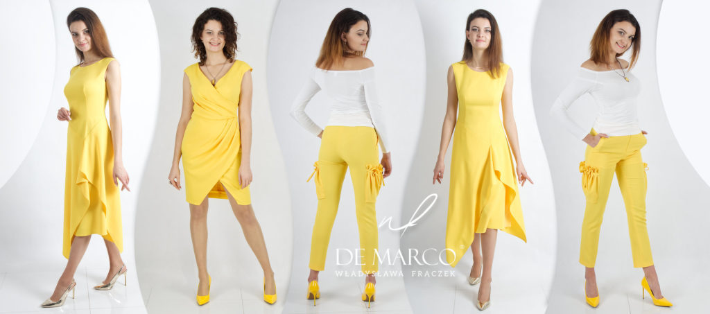 Żółte stylizacje De Marco sukienki koktajlowe, wyszczuplające i wygodne spodnie. Sklep internetowy, polska marka
