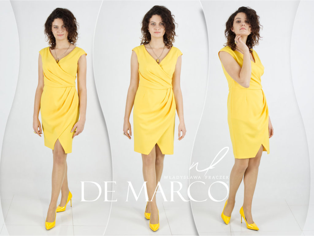 Żółta sukienka maskująca brzuch z dekoltem w serek, idealna kreacja na wakacyjne uroczystości, pikniki, wesela, imprezy firmowe. Radosna stylizacja na sierpień i lipiec.