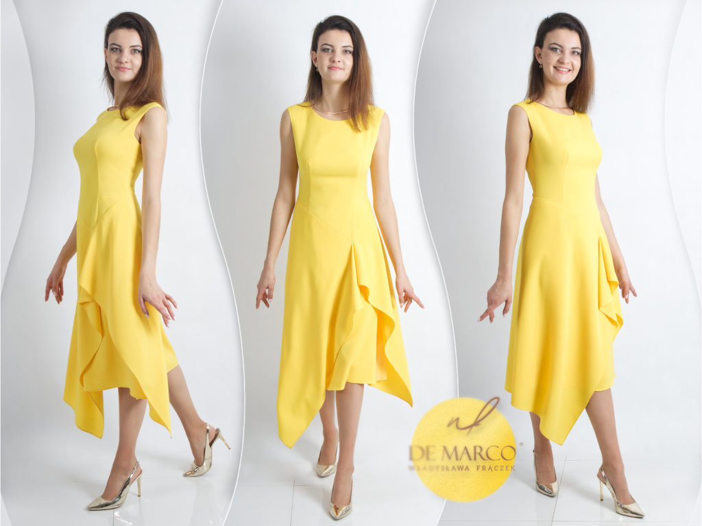 Żółta sukienka na wesele i na piknik, Elegancka wygodna stylizacja na lato De Marco polskie sukienki 