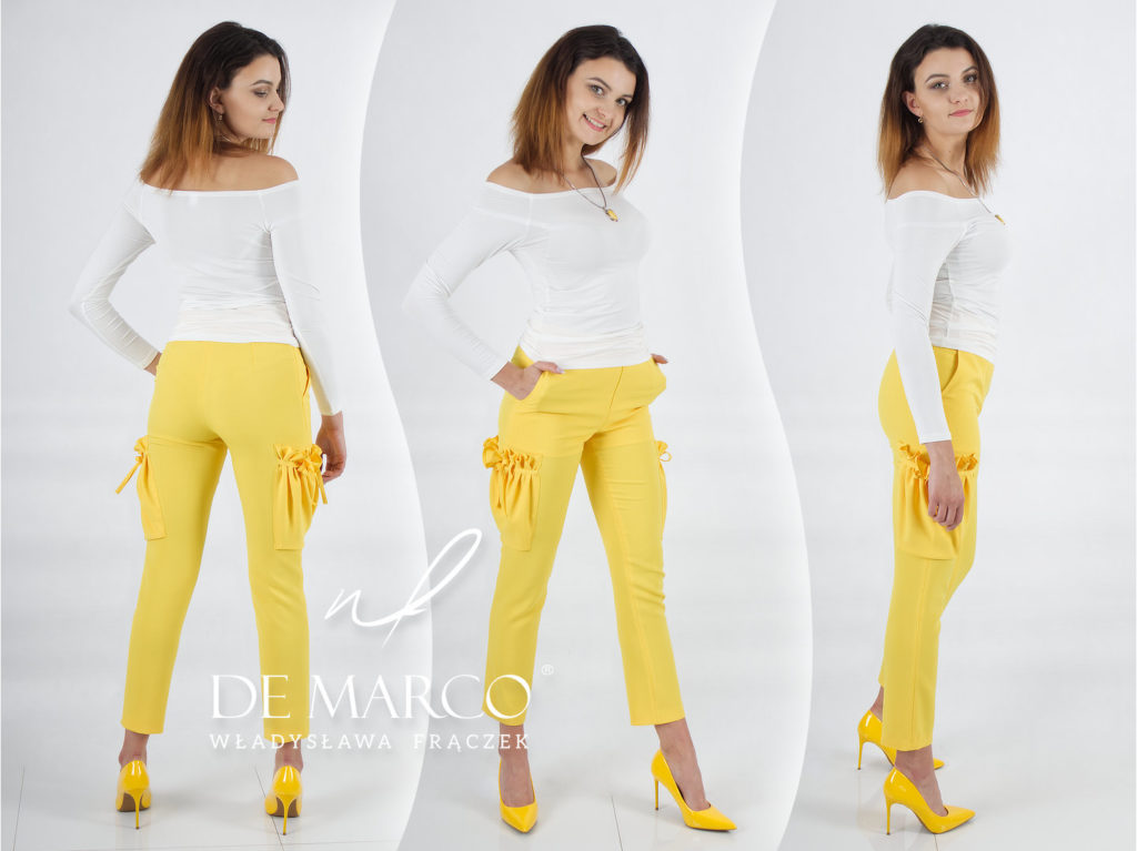 Żółte spodnie damskie stylizacje De Marco Żółte Spodnie z wysokim stanem idealne na lato, sklep internetowy 