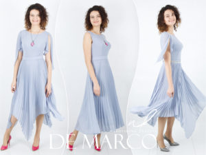 Eleganckie wizytowe sukienki do kościoła, na zakupy, do pracy i na święta. De Marco eleganckie błękitne lekkie sukienki na wesele i komunię