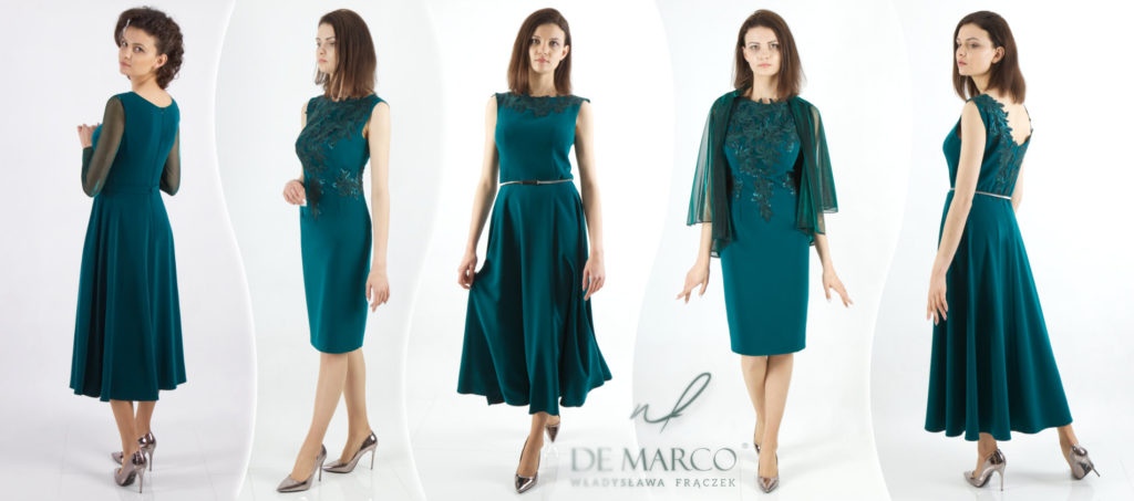 Najpiękniejsze zielone wizytowe sukienki szyte na miarę w De Marco. Moda dla kobiet w dojrzałym wieku.