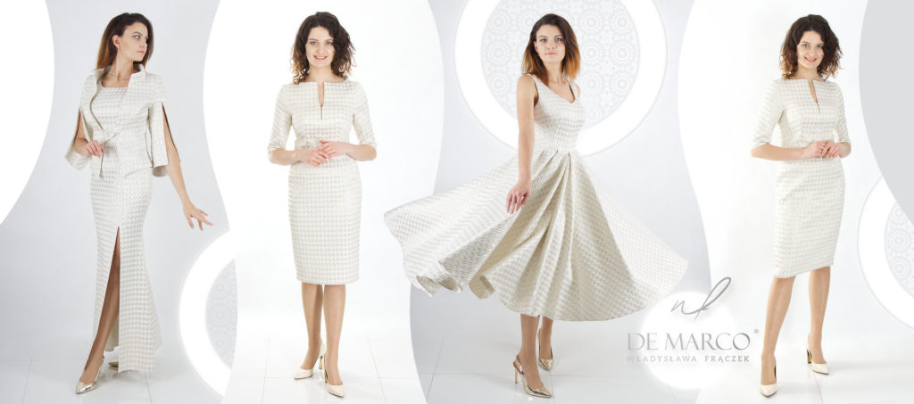 Eleganckie minimalistyczne suknie ślubne dla starszej pani. De Marco