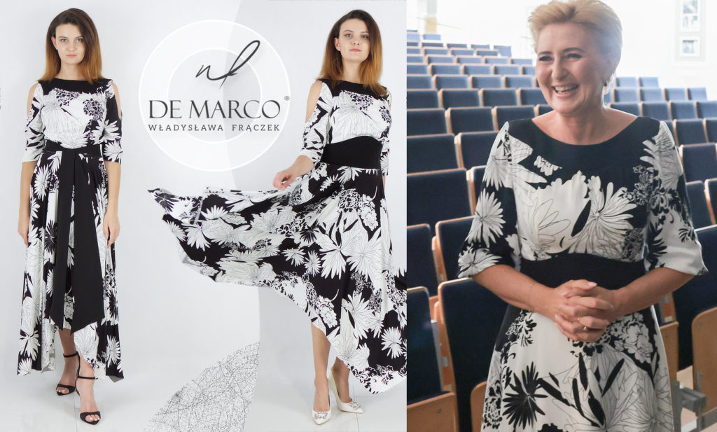 Nasza czarno-biała wyjściowa sukienka zdobyła uznanie i została wybrana przez Pierwszą Damę Polski, Panią Agatę Kornhauser Dudę.