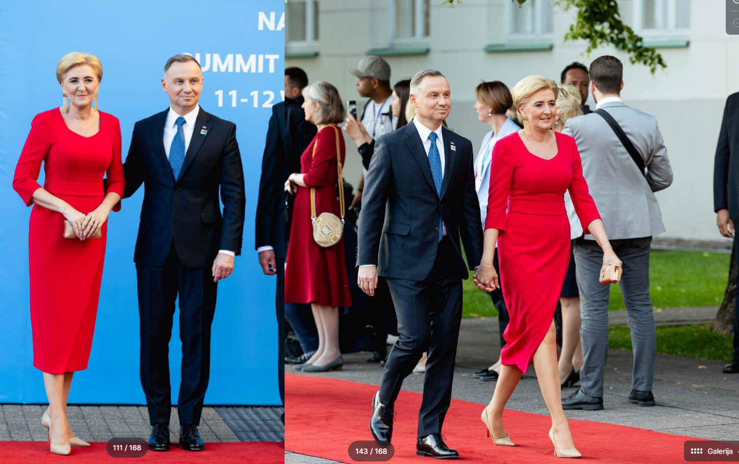 Szczyt NATO w Wilnie. Agata Kornhauser-Duda na czerwonym dywanie w ekskluzywnej sukience wizytowej DE MARCO