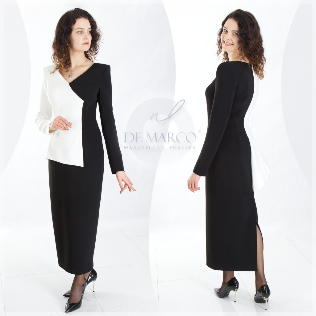 Czarno biała minimalistyczna suknia wieczorowa. De Marco luksusowa marka premium.