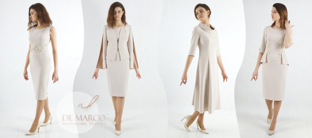 Beżowe sukienki od polskiego producenta ekskluzywnej odzieży damskiej De Marco