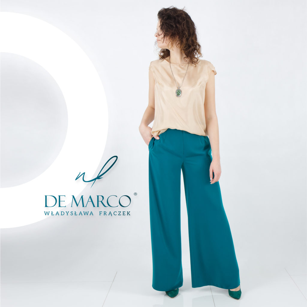 Ekskluzywna odzież damska producent De Marco modne szerokie spodnie z jedwabną bluzką