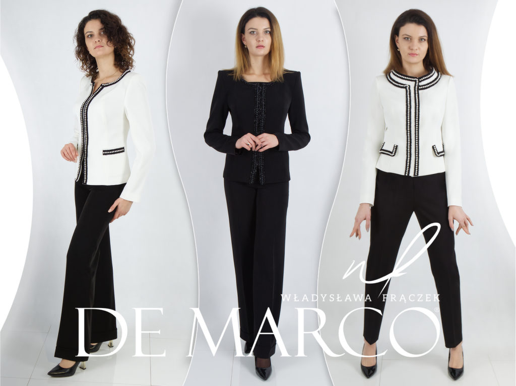 Czarno białe garnitury damskie De Marco. Moda dla niskich kobiet i nie tylko. Szycie na miarę on-line