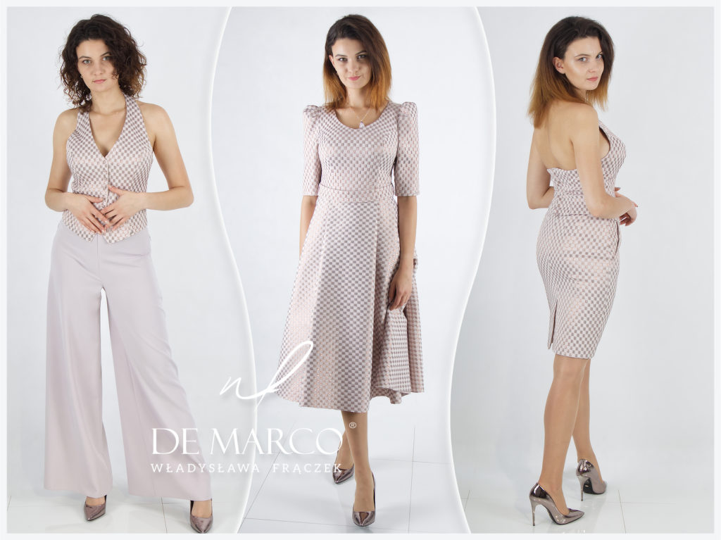 Nietuzinkowe stylizacje szyte na miarę w De Marco. Eleganckie sukienki, komplety ze spodniami i spódnicami na imprezy firmowe i na wesele 