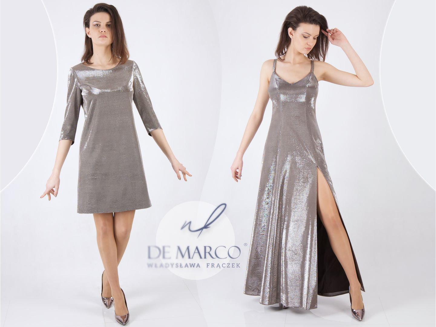 Sensual Elegance: De Marco’s luxurious evening gowns with metallic silver sheen