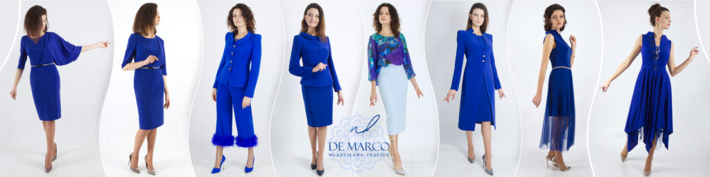 Eleganckie wizytowe sukienki, garsonki i kostiumy damskie szyte na miarę w De Marco. Szafir, błękit królewski doskonałym kolorem na Wrzesień, październik i listopad