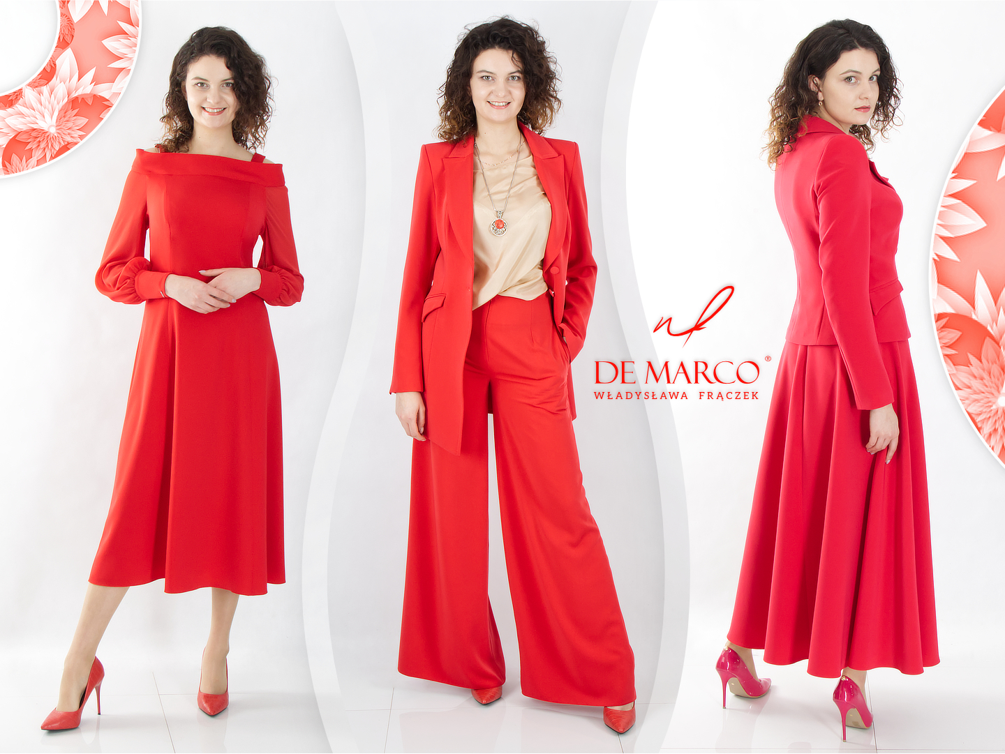 Najmodniejsze kolory na jesień zimę 2023/2024. Czerwone stylizacje De Marco sukienki, garsonki i garnitury damskie