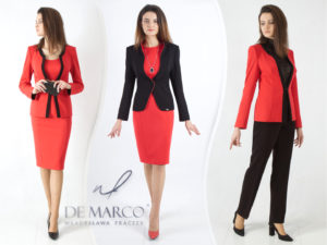 De Marco luksusowa odzież damska szyta na miarę w Salonie Mody De Marco. Czerwono czarne komplety biznesowe, wizytowe i dyplomatyczne dla dojrzałej kobiety na stanowisku.