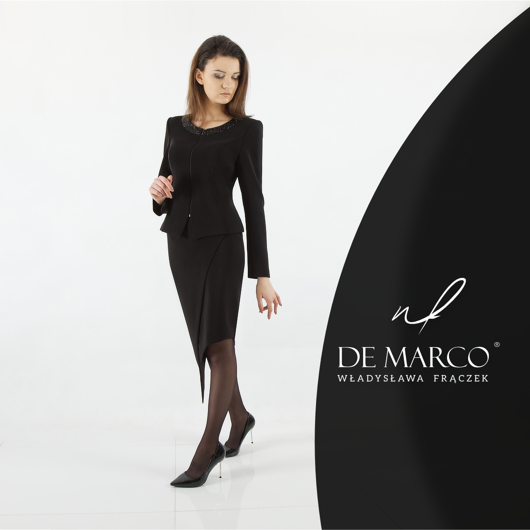 Wieczorowa elegancka garsonka De Marco. Komplet żakiet zdobiony kamieniami szlachetnymi ze spódnicą