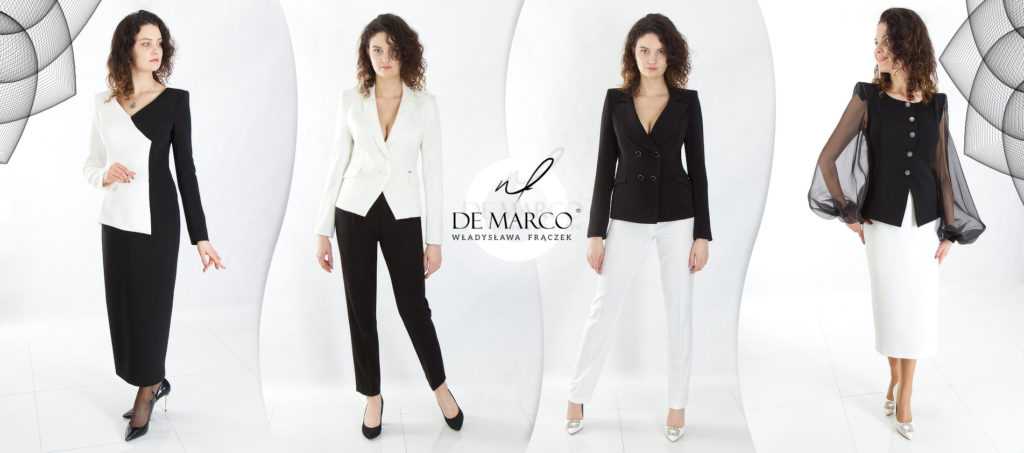 Czarno biała marynarka, sukienka, garsonka i kostium damki De Marco
