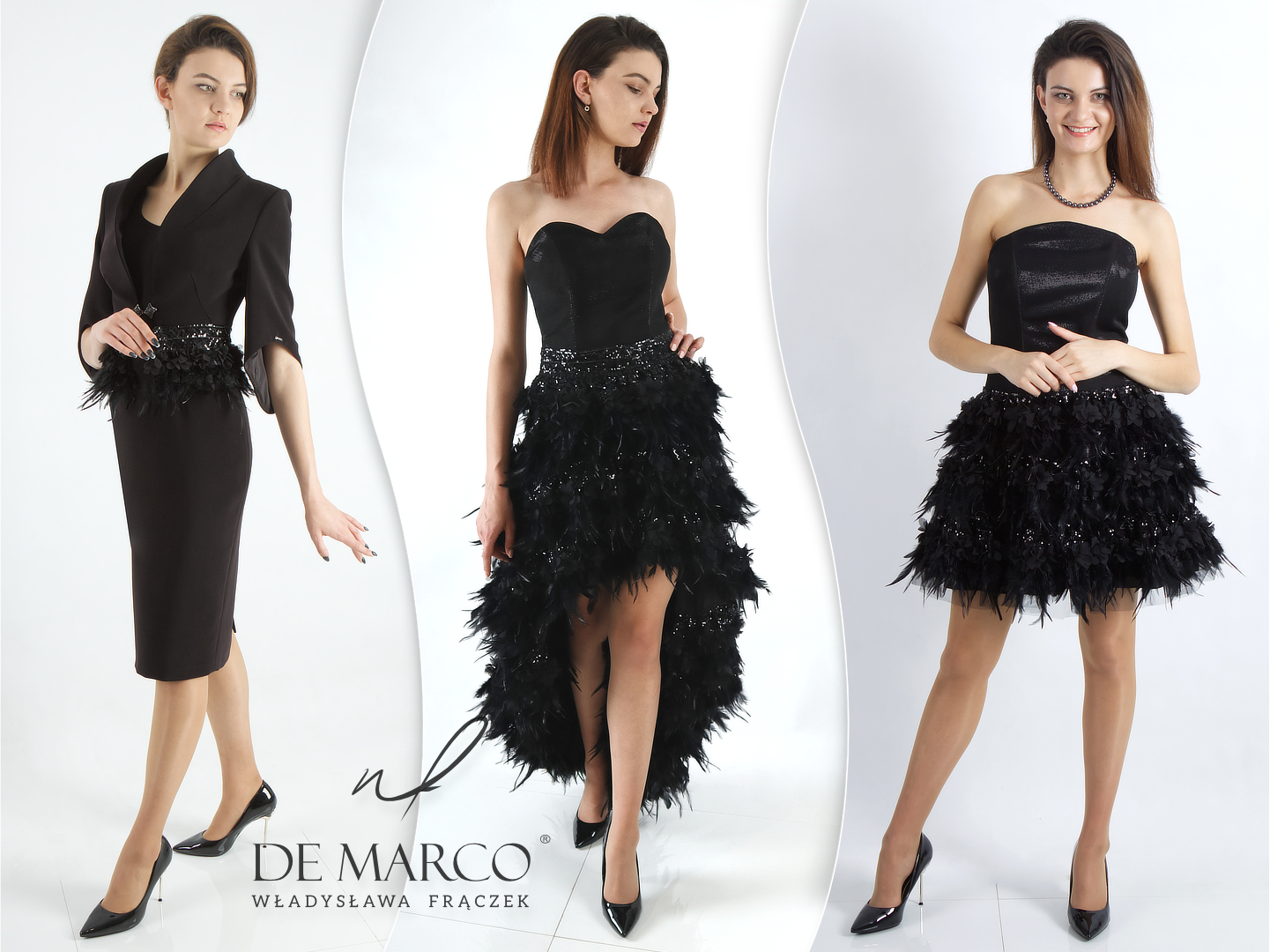 Ekskluzywne sukienki z piórami De Marco. Czarne stylizacje wieczorowe